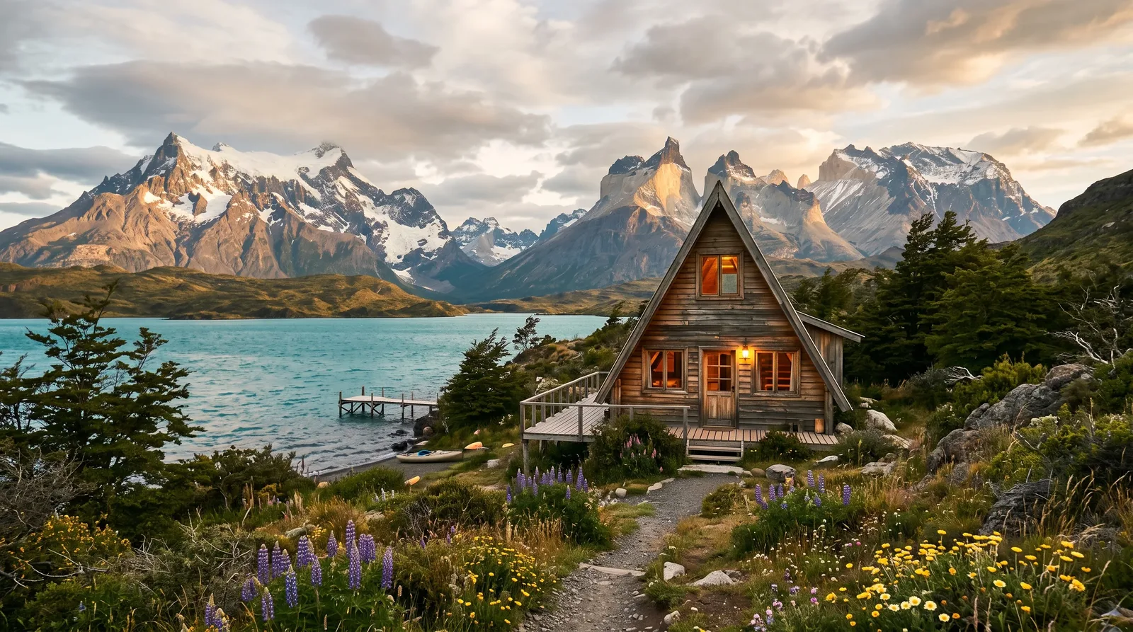 A-frame vacation rental cabin on a teal lake in Aysen, Chilean Patagonia, the classic Airbnb investment property