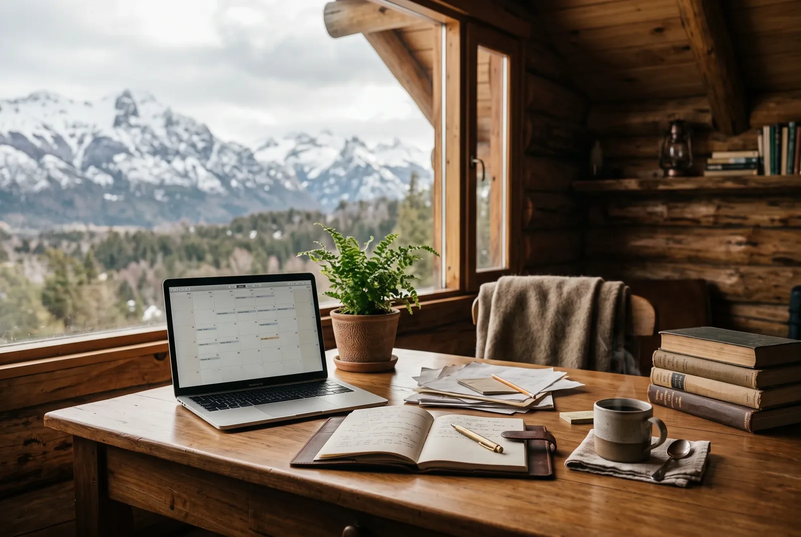 Host desk with laptop booking calendar in a Patagonian cabin, managing an Airbnb vacation rental in Aysen