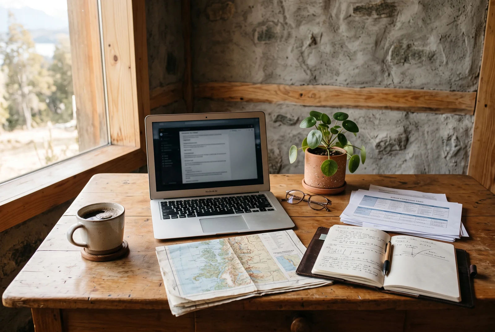 Comparing towns in Aysen for families: a desk with school comparison notes, a laptop and a map of Chilean Patagonia