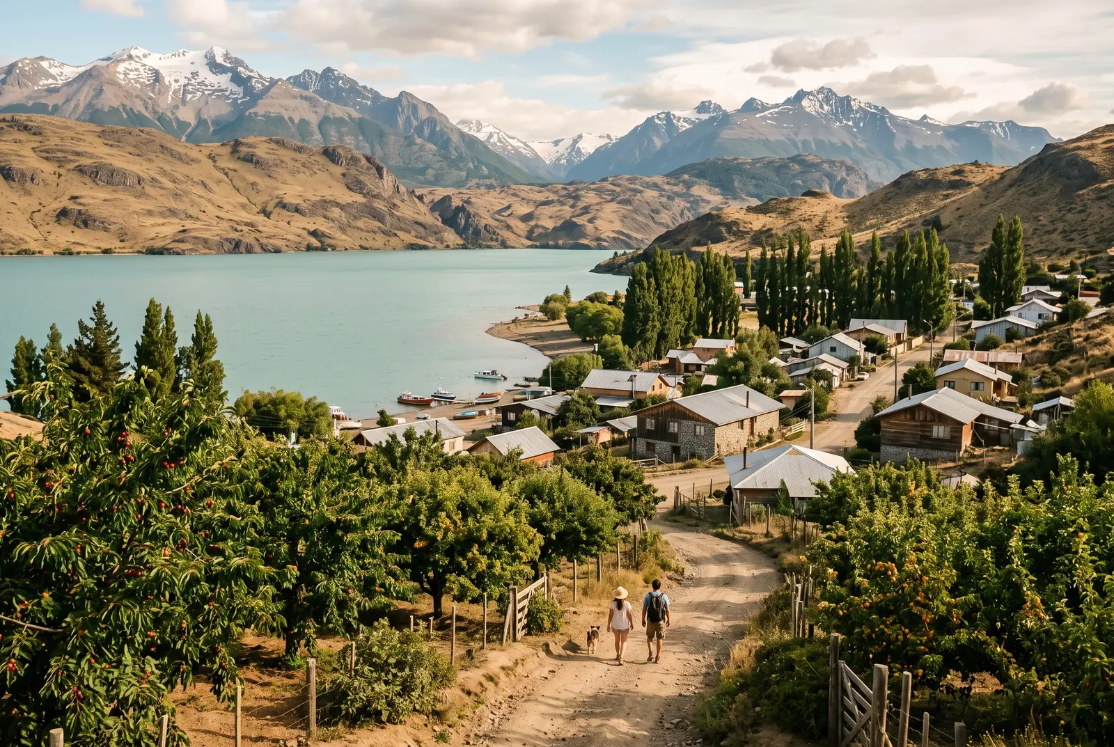 Best towns in Aysen for families: a sunny lakeside town with fruit orchards on the shore of Lago General Carrera