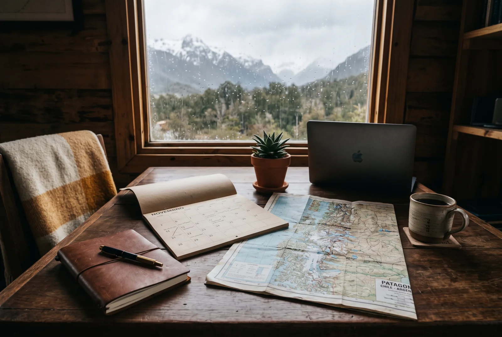 Planning the best season to buy property in Patagonia from a cabin desk with maps and a calendar