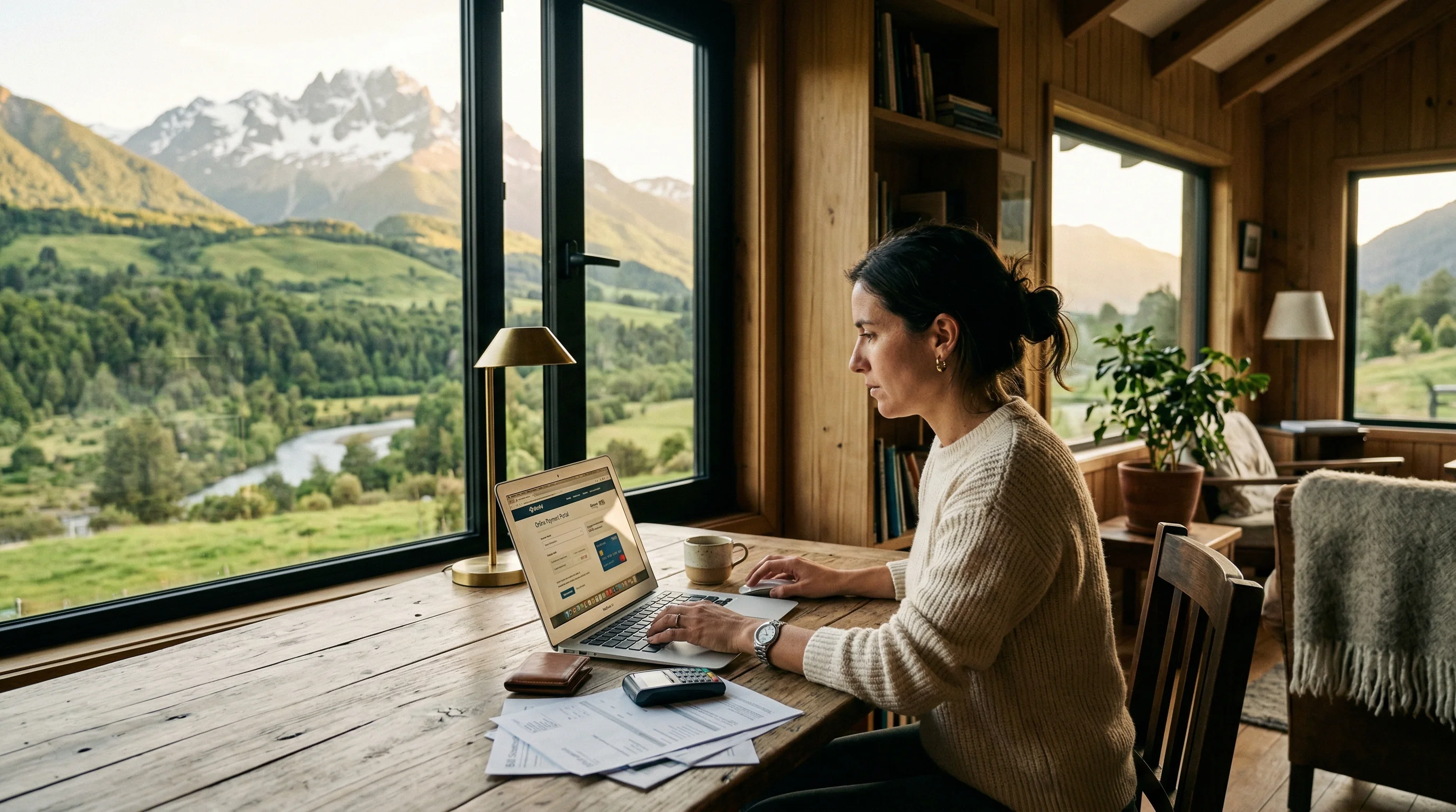 Person paying property tax online from a home in Patagonia with mountain views