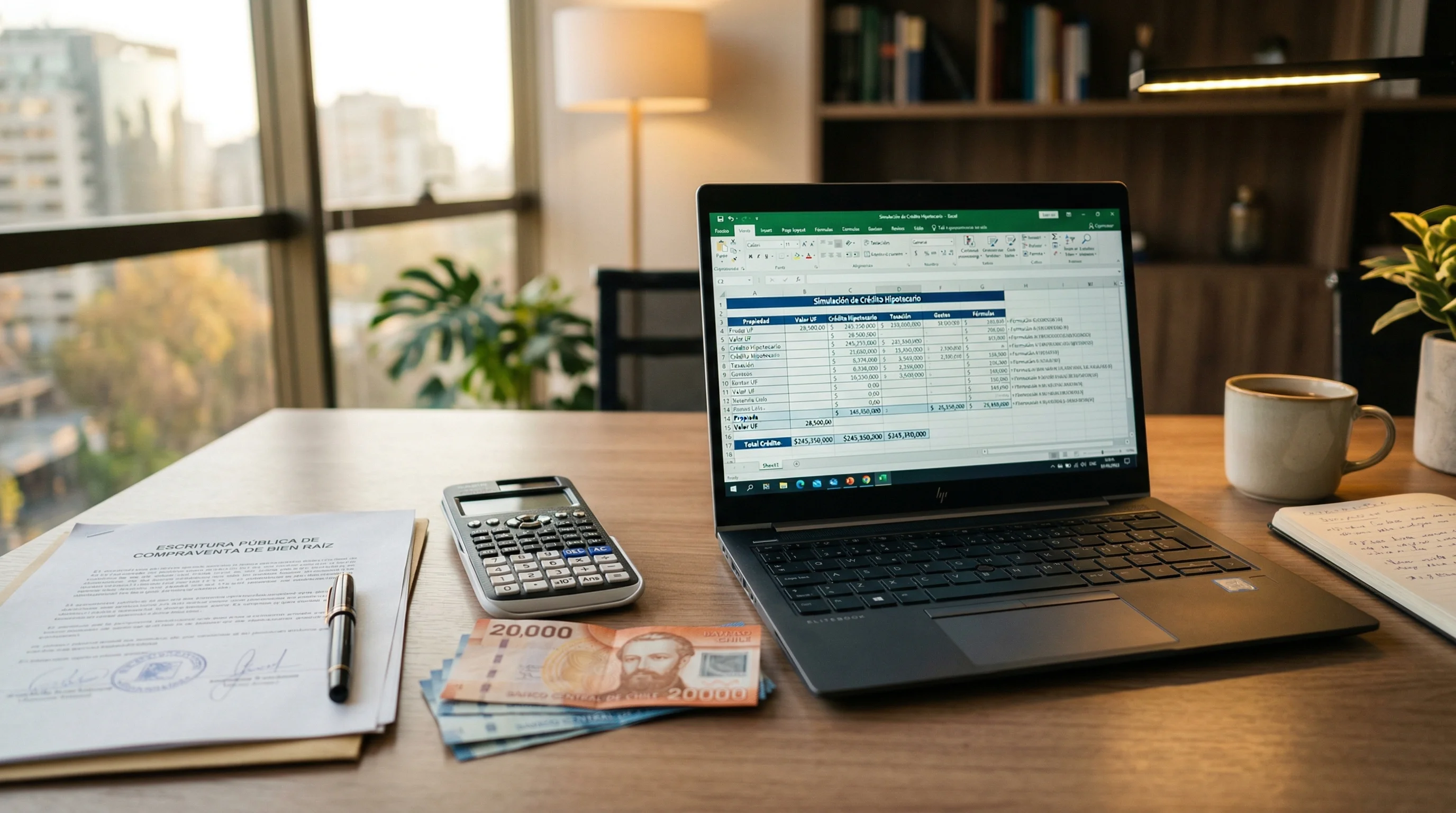 Calculator and Chilean property documents for capital gains tax calculation