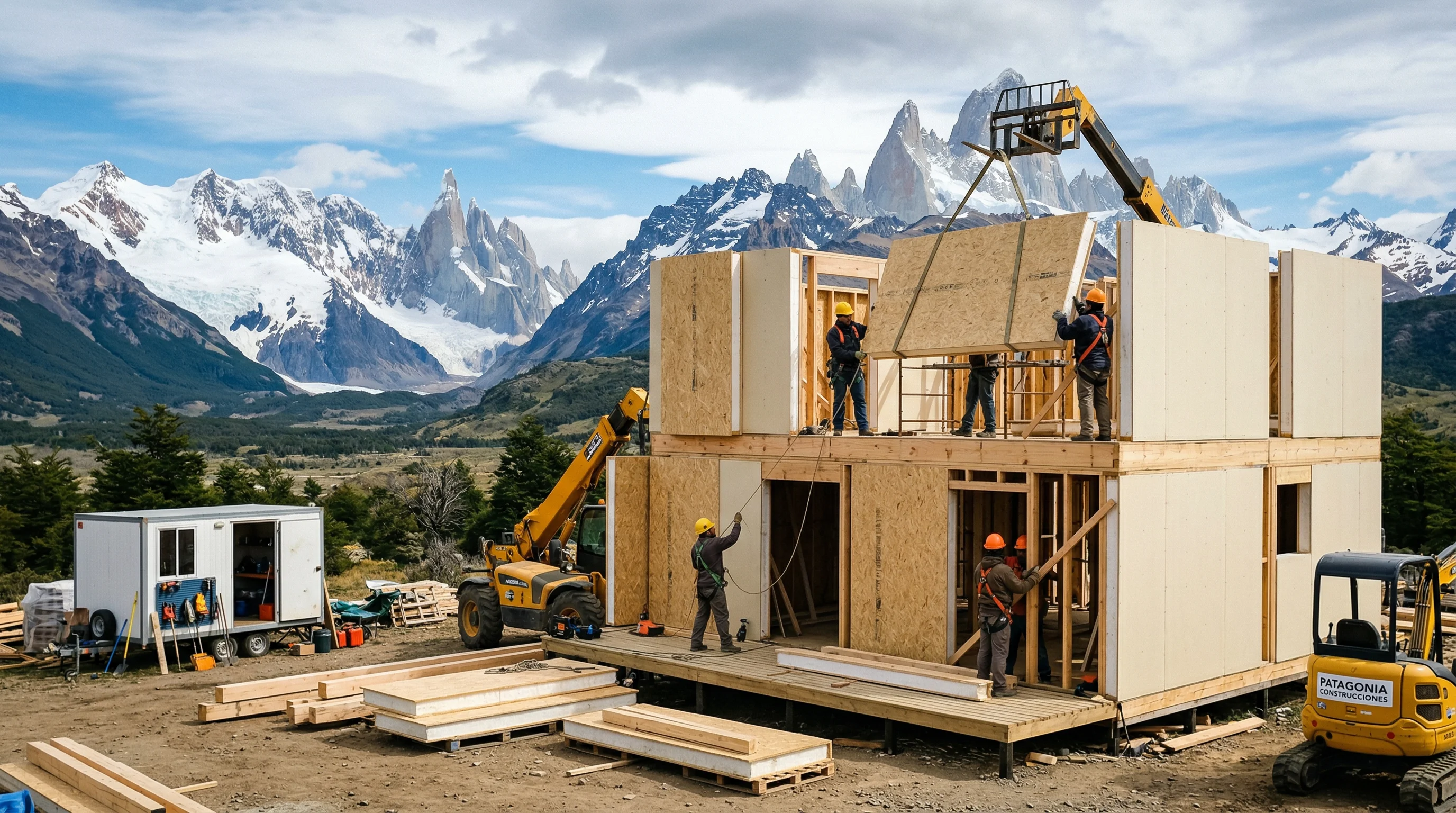 Sitio de construccion de una casa en la Patagonia chilena con montanas nevadas de fondo