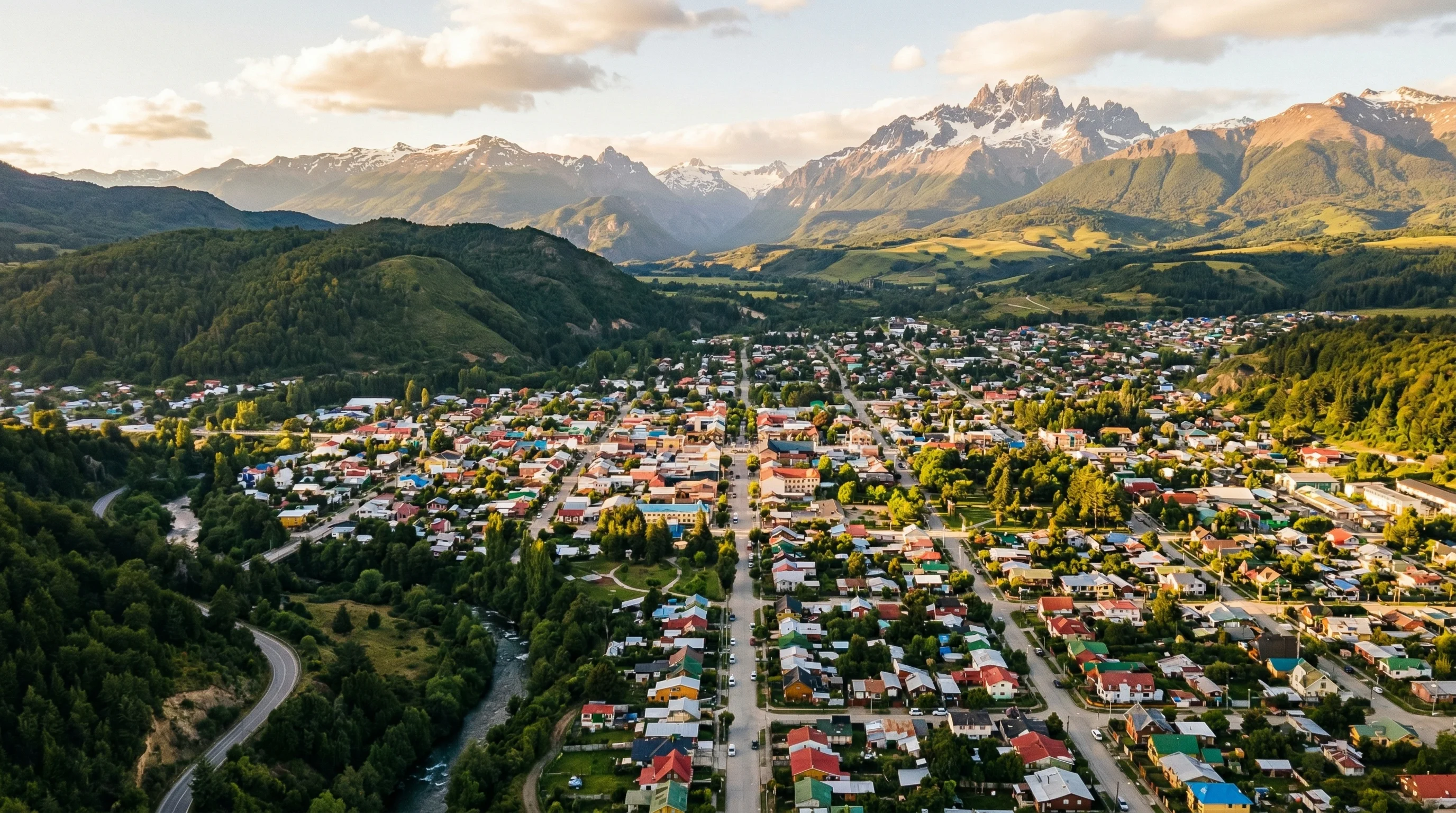 Vista aerea de barrio residencial en Coyhaique Patagonia mostrando propiedades sujetas a contribuciones de bienes raices