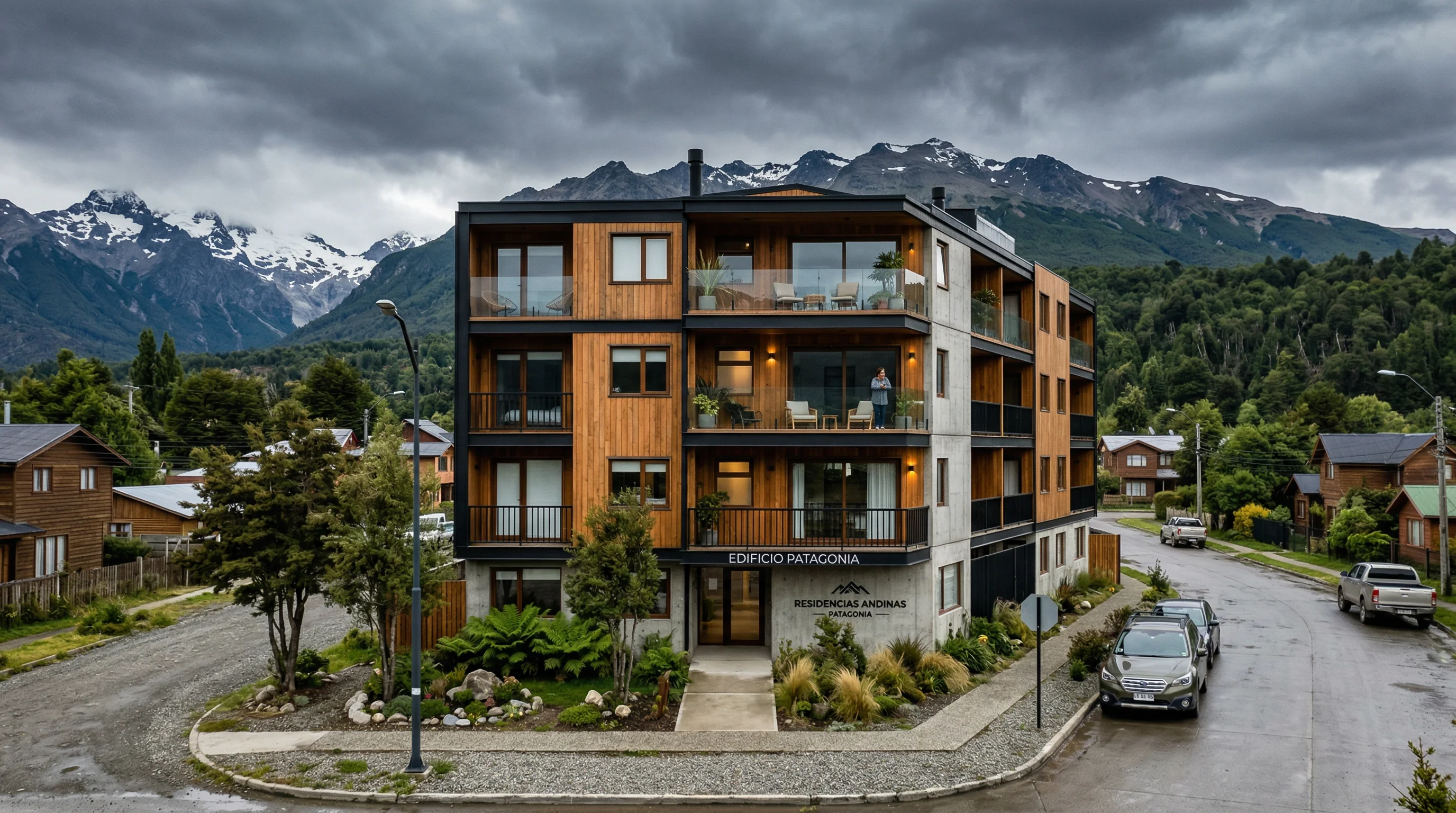 Edificio de departamentos modernos en Coyhaique, Patagonia chilena, con arquitectura contemporanea y vistas a las montanas