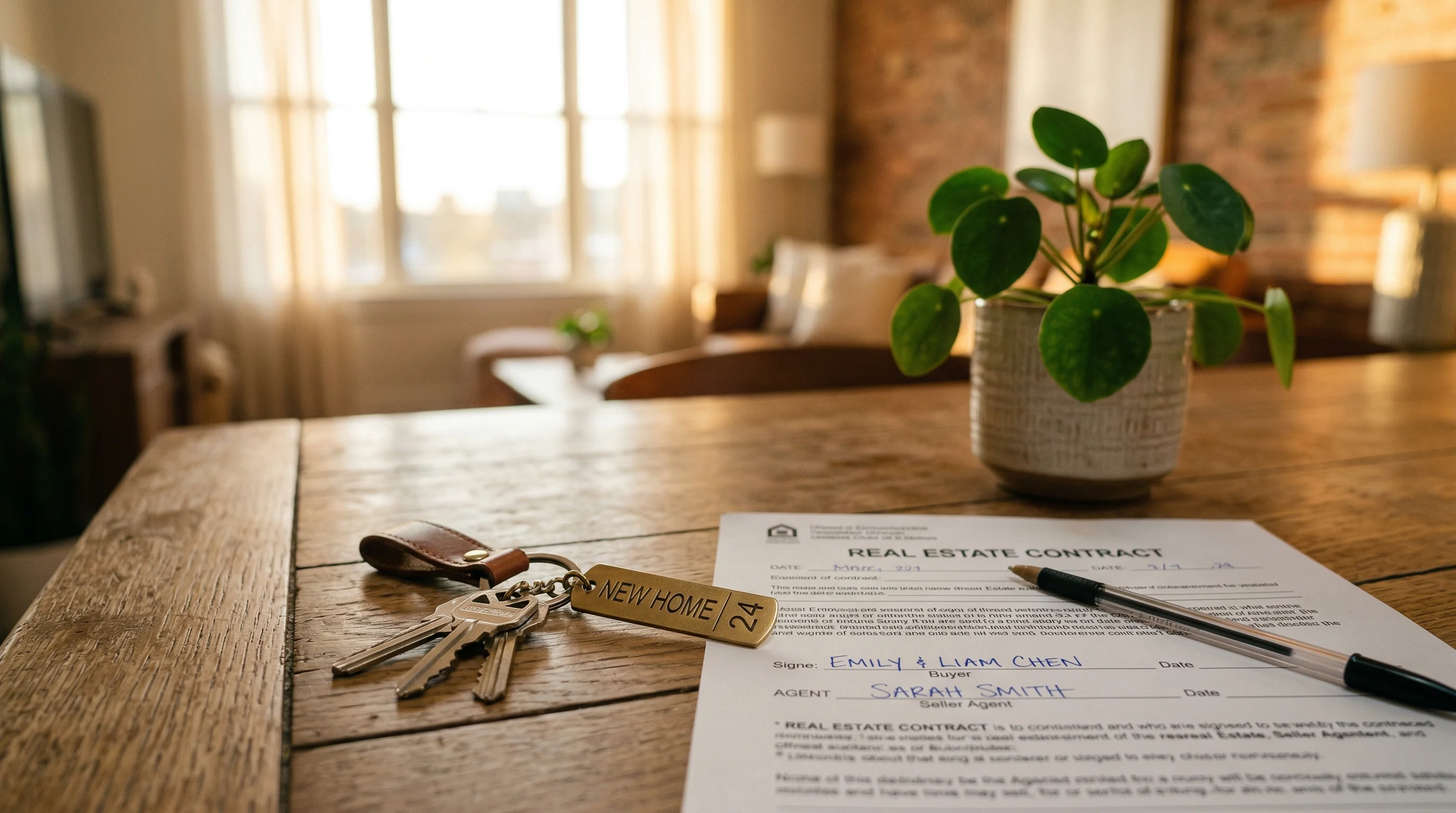 Llaves de una casa nueva sobre documentos de compraventa, representando los gastos de cierre al comprar propiedad