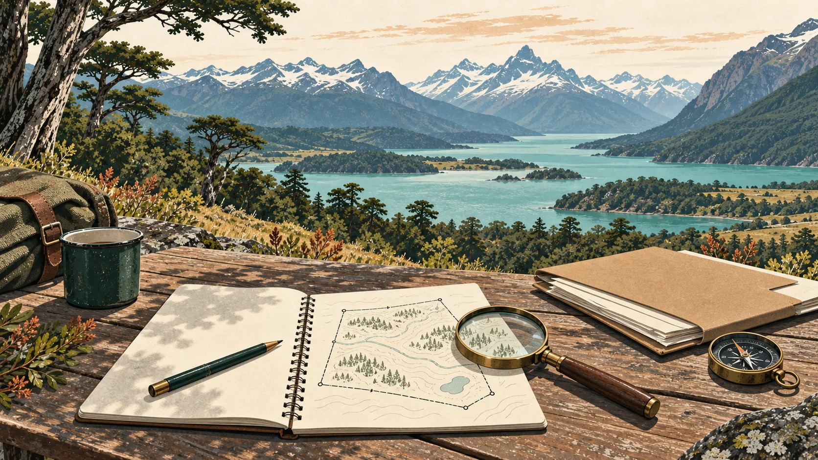 Illustrated notebook, generic parcel sketch and review documents on a field table.
