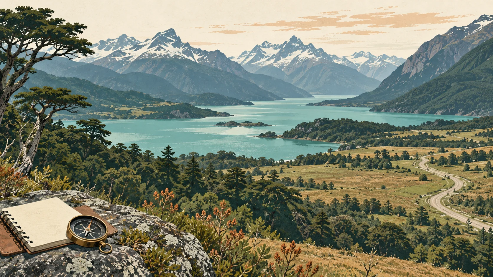 Illustrated Patagonian lake and mountain landscape with a notebook and compass.