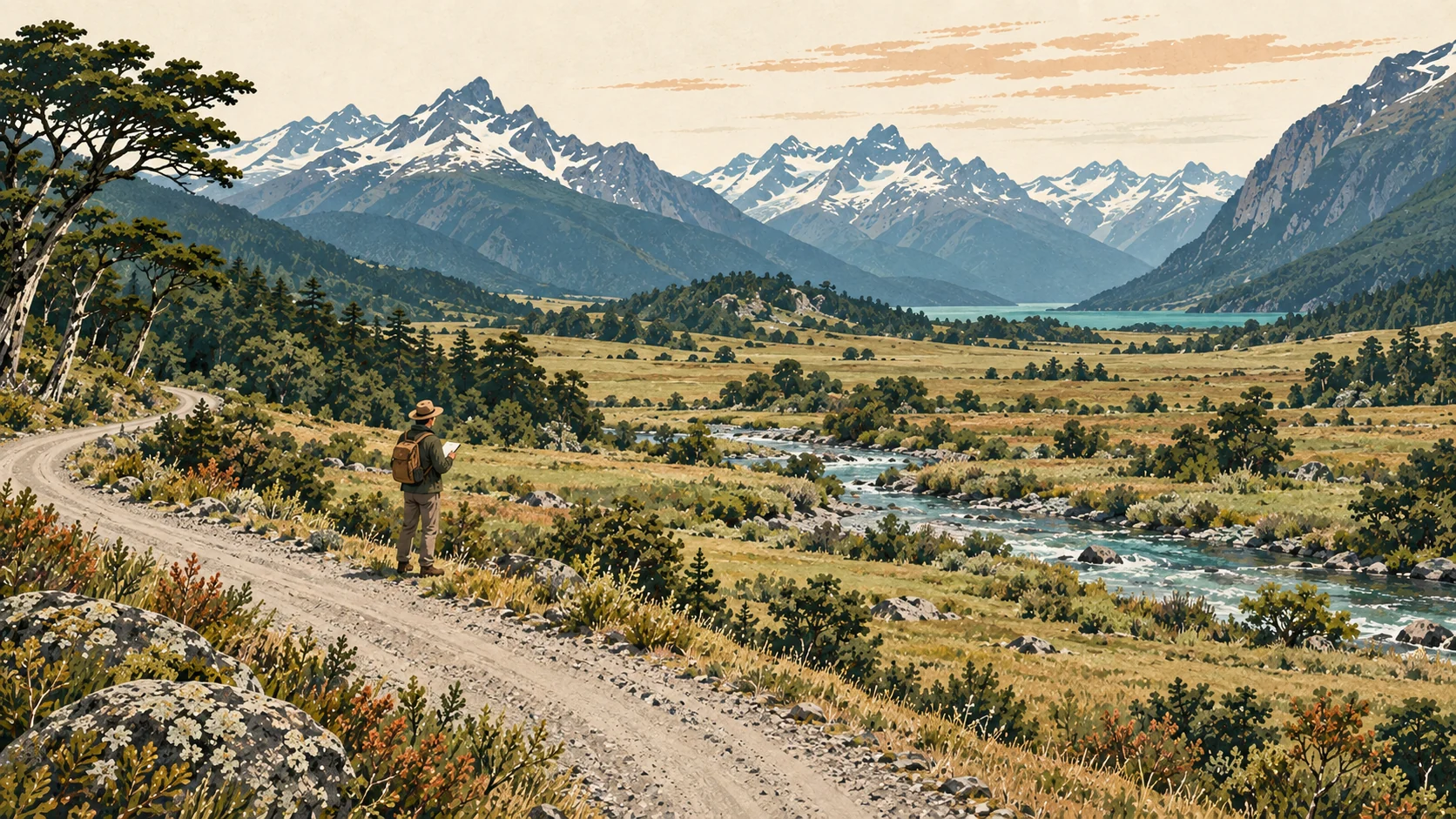 Illustrated rural access road, stream and open land beneath Patagonian mountains.