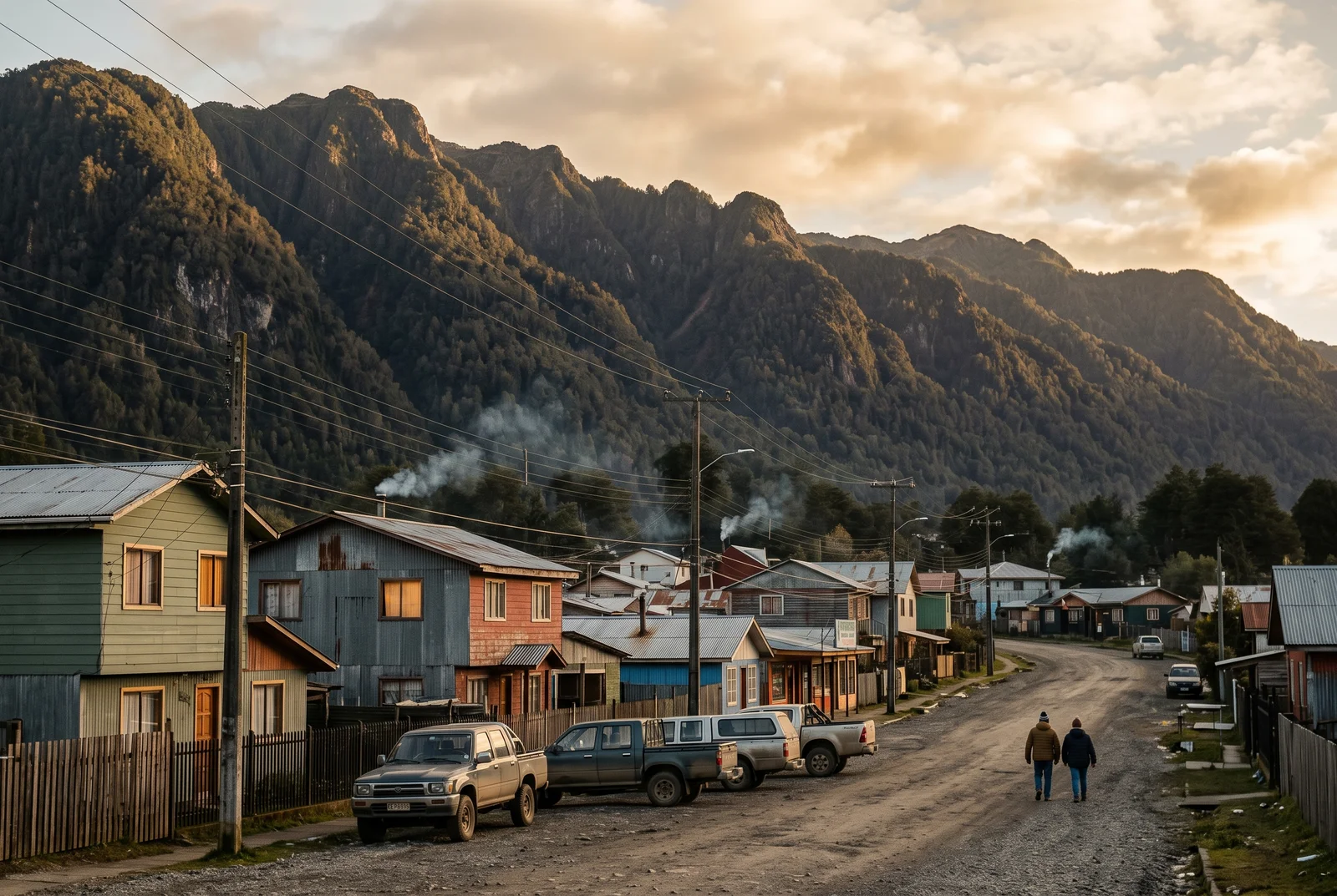 Golden hour on a street of painted timber and metal-clad houses below a forested ridge in Patagonia, a town where foreign buyers seek mortgages in Chile