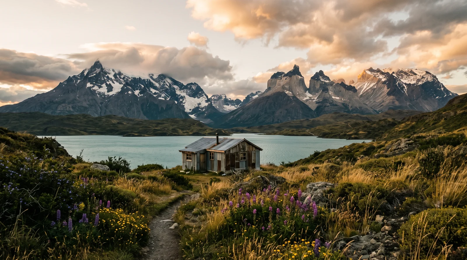 Rustic cabin above a teal glacial lake below Patagonian peaks, the kind of property foreign buyers try to finance in Chile