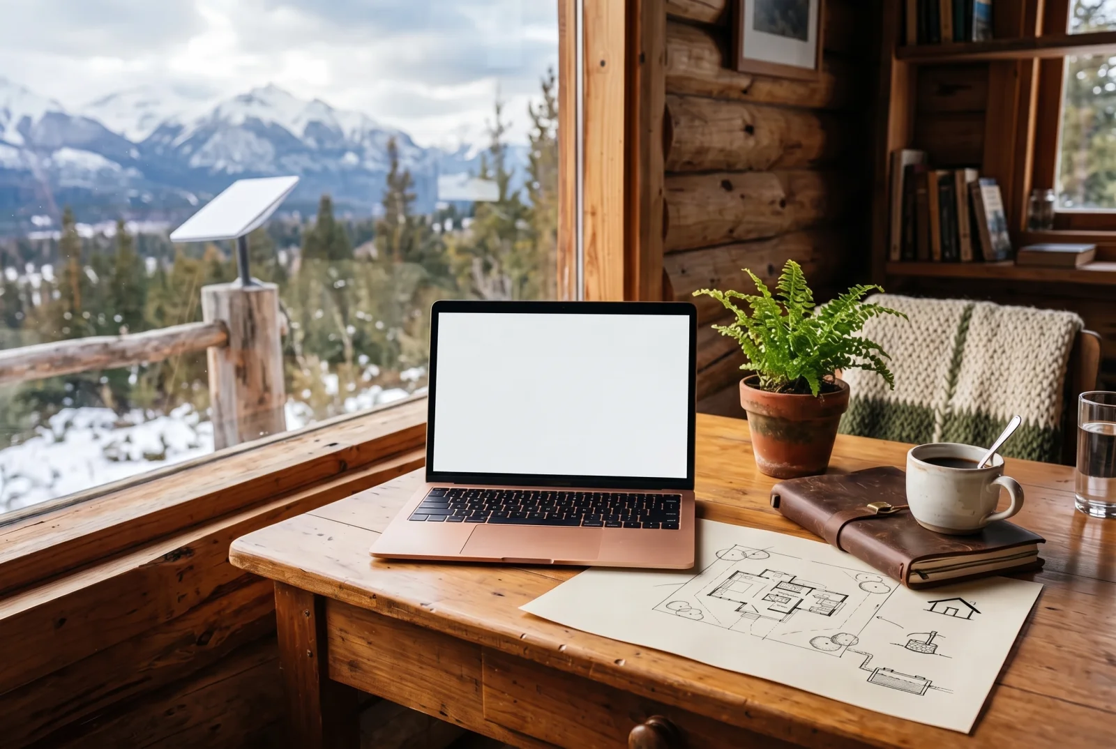 Planning an off-grid property in Aysen: cabin desk with site plan, laptop and satellite dish outside the window
