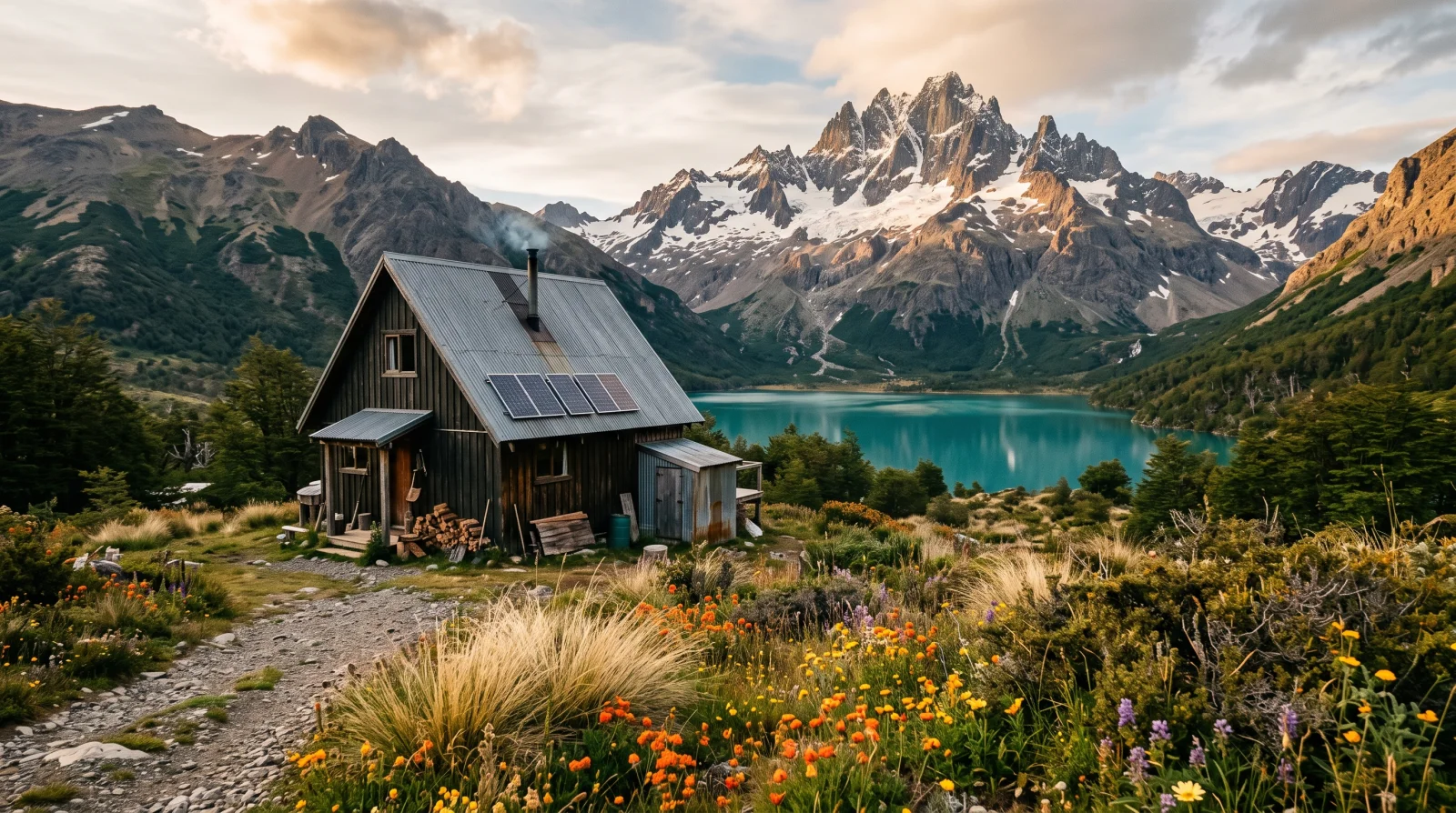 Off-grid property in Aysen: wood cabin with solar panels above a teal lake and Cerro Castillo peaks