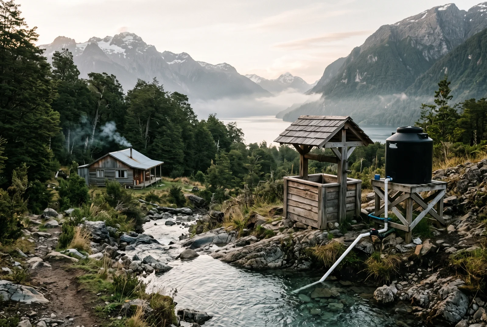 Rural water supply on an off-grid property in Aysen: wooden well house and tank beside a mountain stream