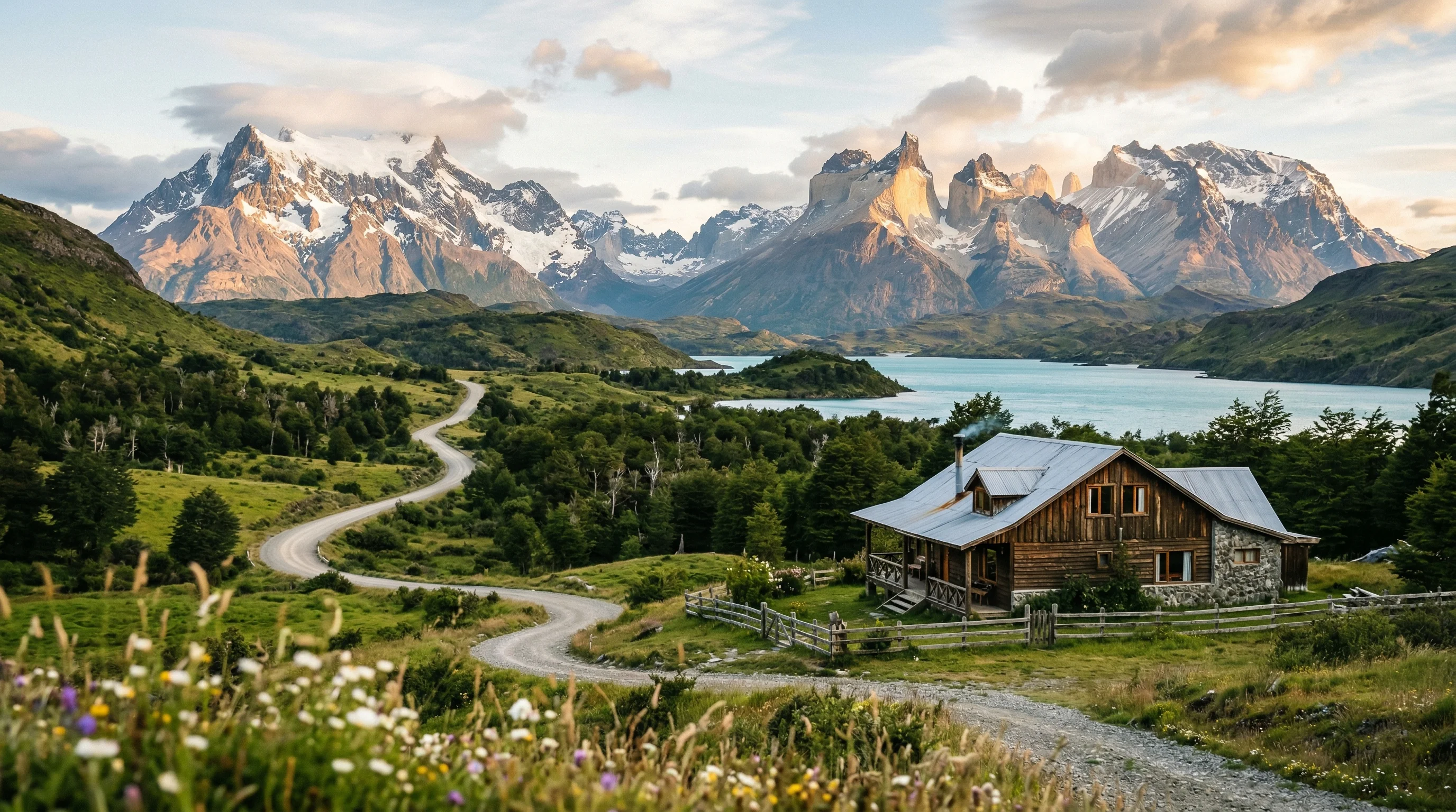 Panoramic view of Patagonia real estate with mountains and lake in Chilean Aysen Region