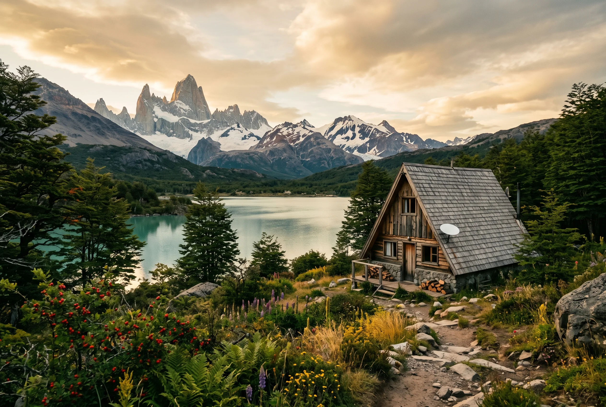 A-frame cabin on a teal Patagonian lake with a satellite dish, showing remote work connectivity in Aysen