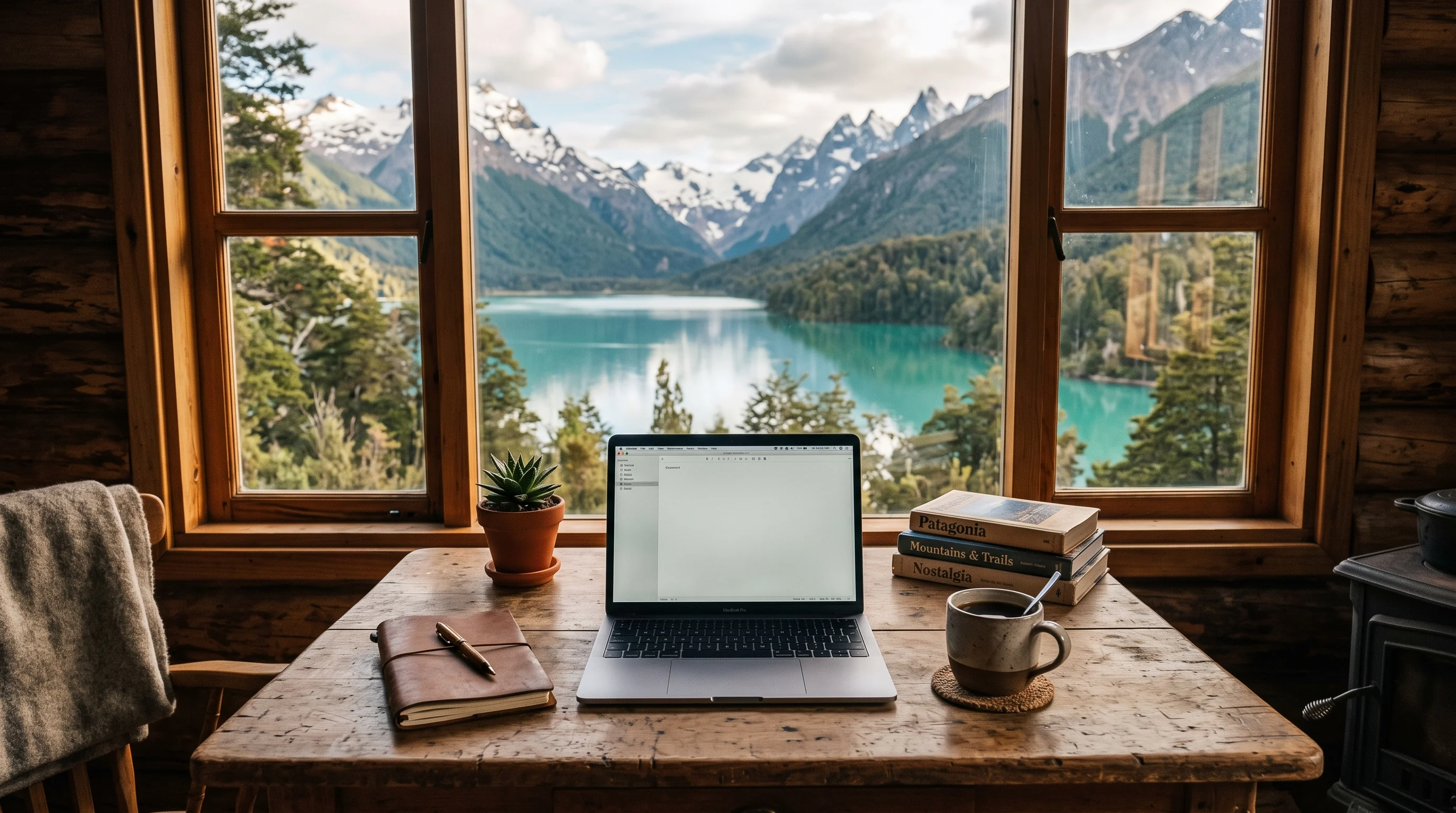 Remote work desk in a Patagonian cabin with a MacBook and a view of a teal lake and mountains