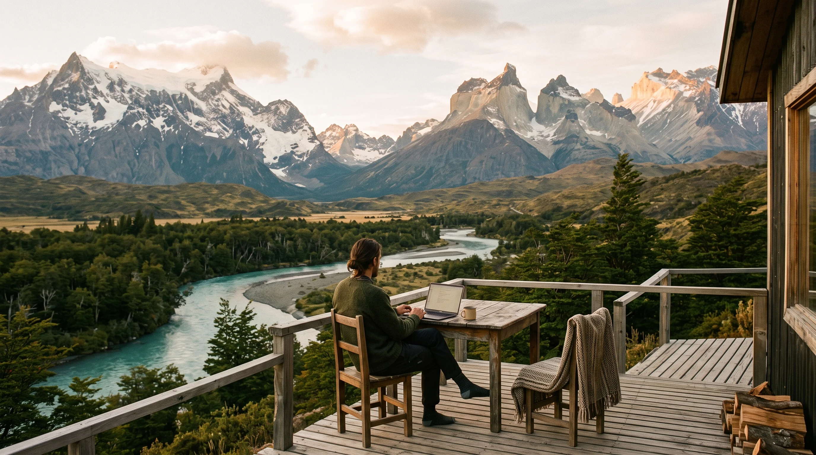 Person working on a laptop on a cabin deck overlooking a Patagonian valley at golden hour