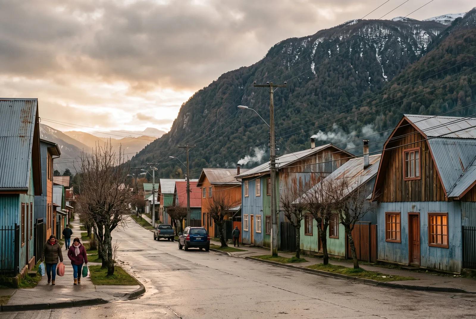 Street of painted timber and corrugated-metal houses in Coyhaique with smoking chimneys, everyday life for retirement in Chilean Patagonia