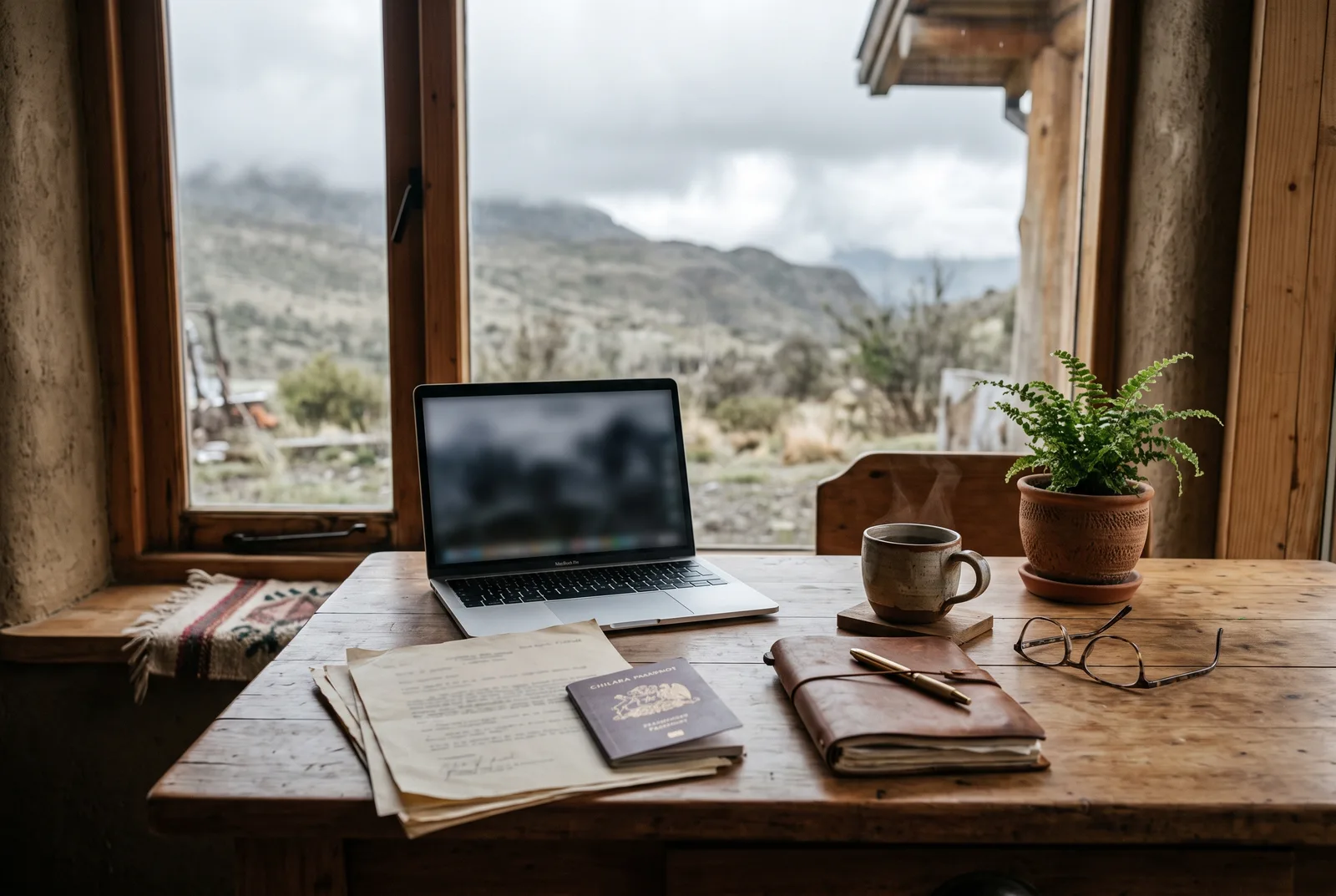 Desk with laptop, passport and apostilled documents, the paperwork side of retirement in Chilean Patagonia