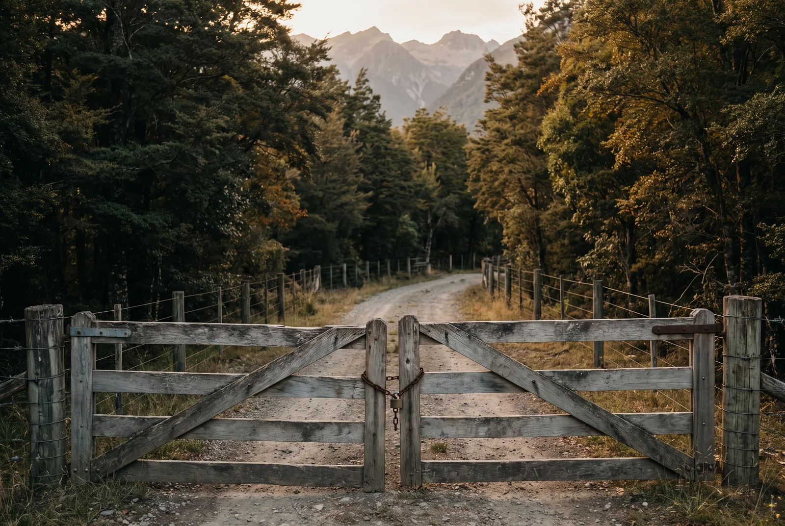 Locked wooden farm gate across a right of way road into native forest on rural land in Aysen
