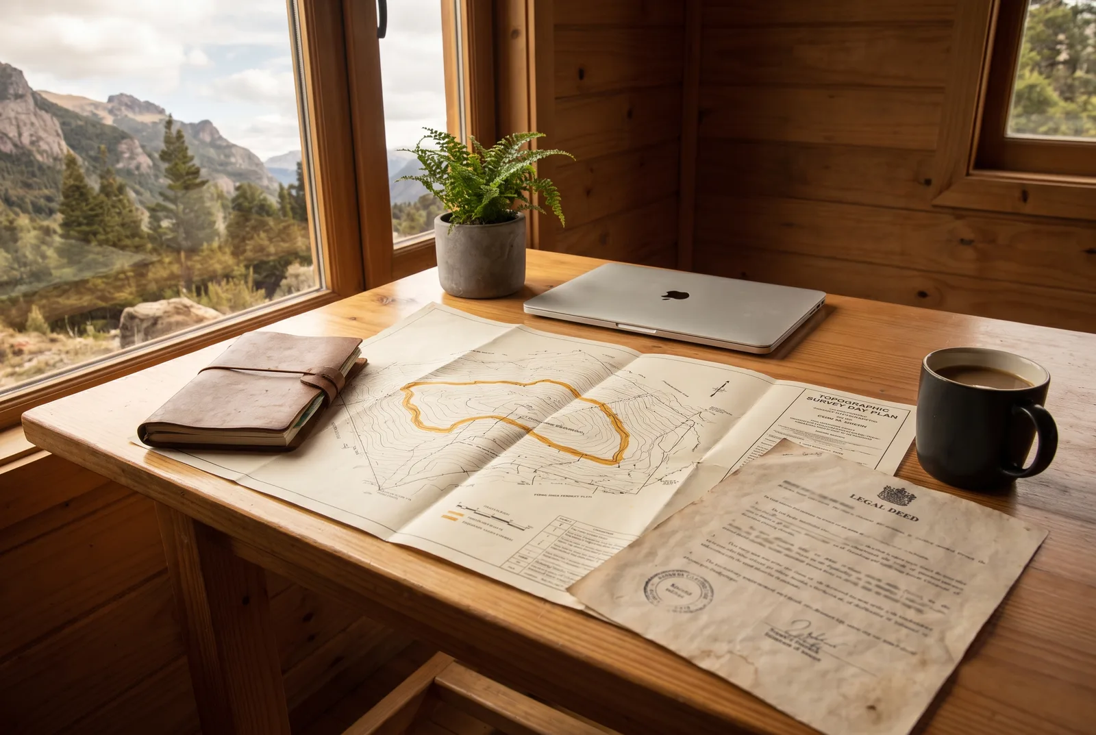Survey plan with the right of way strip highlighted next to an easement deed on a cabin desk, for rural land in Aysen