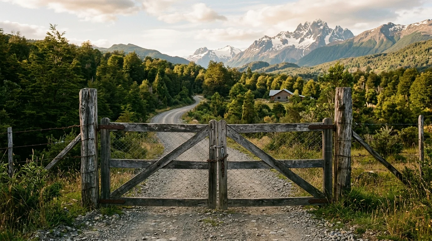 Porton de madera al inicio de un camino de servidumbre en una parcela de la Carretera Austral con bosque nativo de coigues y nires