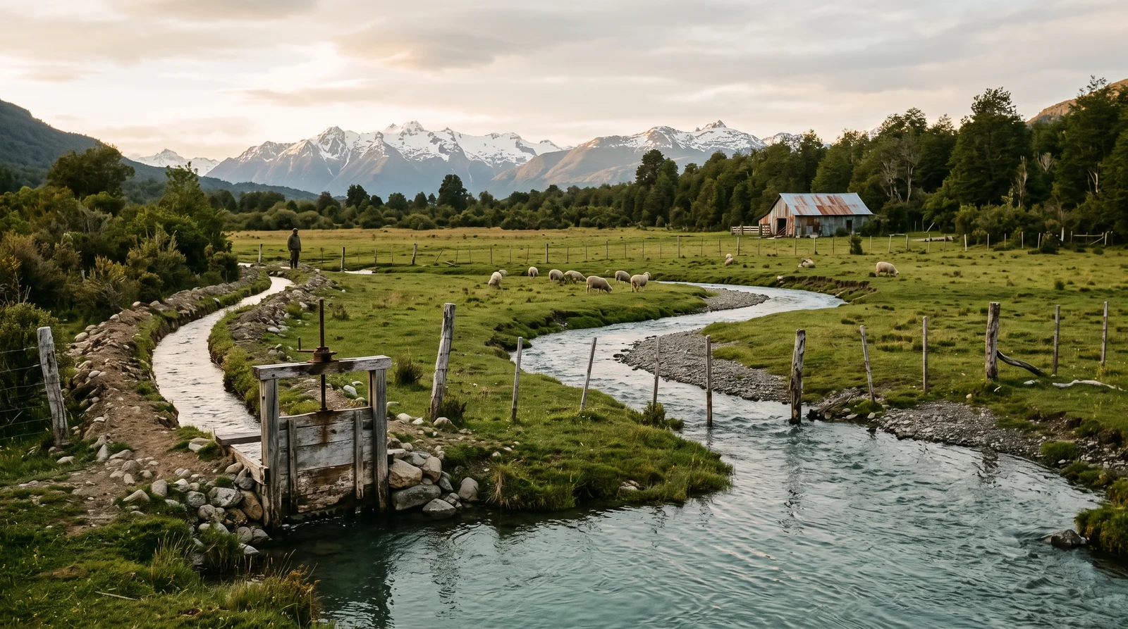 Irrigation channel and wooden sluice gate diverting a stream on a Patagonian farm, showing the physical works that keep water rights in Chile alive