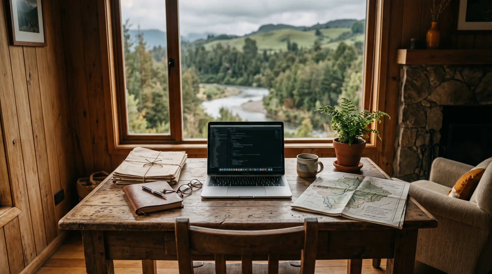 Desk with property documents, a river basin map and a laptop, the paperwork stage of checking water rights in Chile before buying land