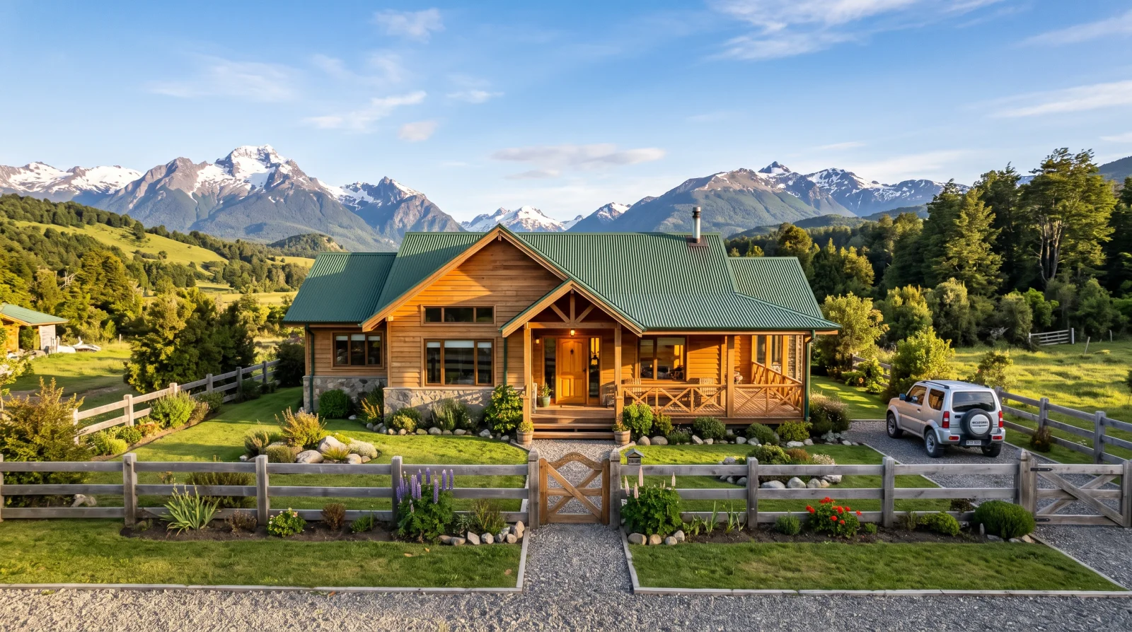 Facade of a Patagonian house shot in golden late-afternoon light, centred in the frame, with a tidy garden and the mountains behind it