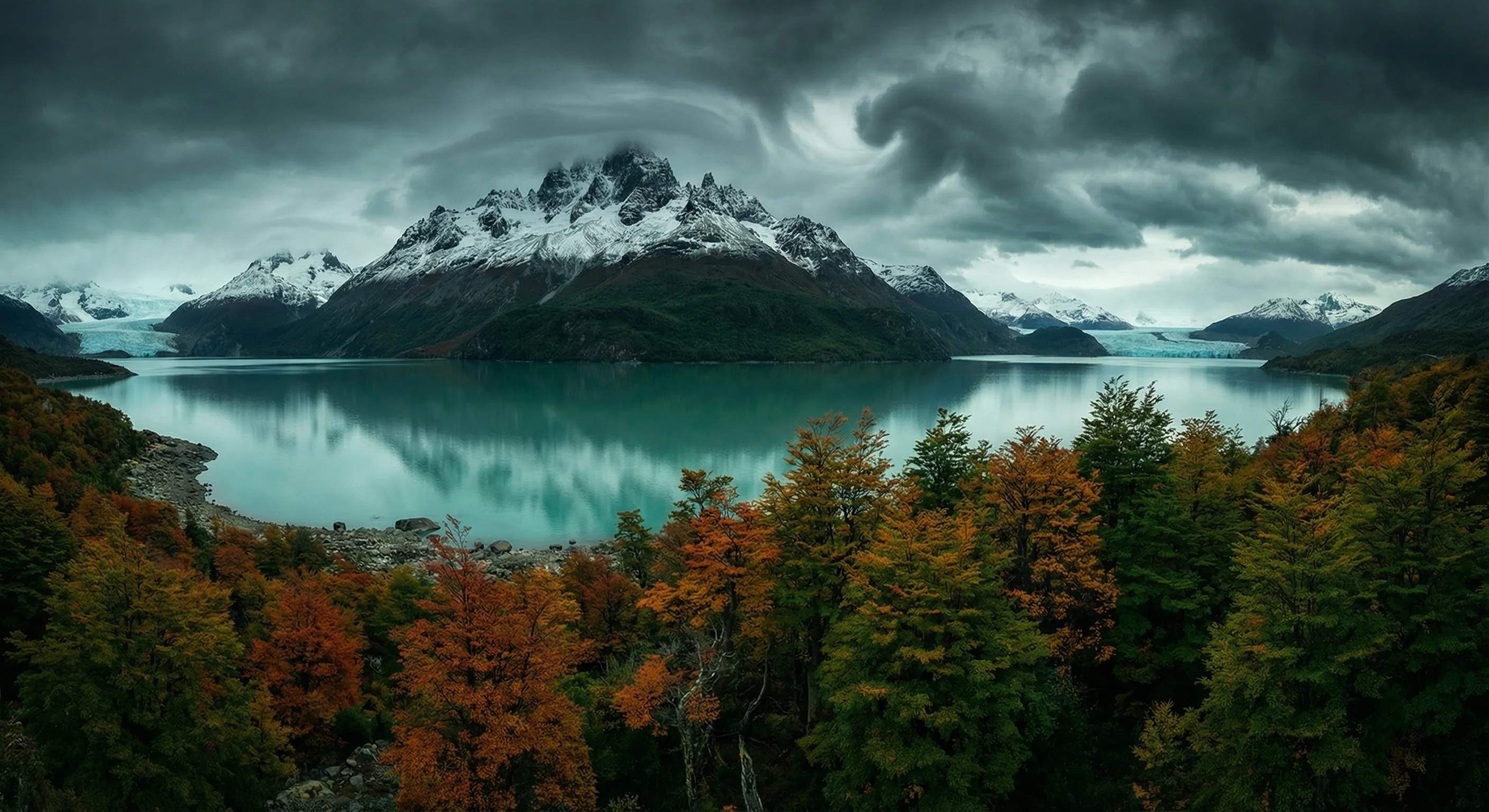 Paisaje patagonico con montanas nevadas, lago glaciar turquesa y bosque nativo de lenga en la Region de Aysen, Chile